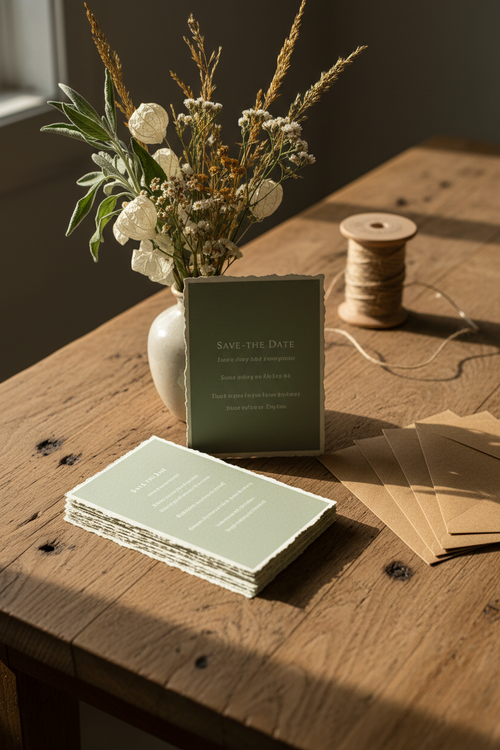 Stack of letterpress save-the-date cards with deckled edges on weathered oak table with dried wildflowers and kraft envelopes