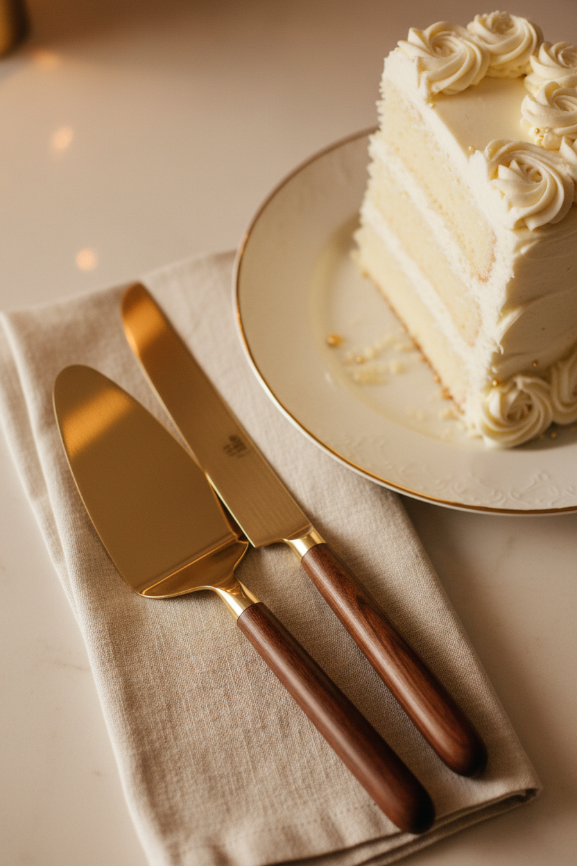 Brushed gold cake server and knife with hardwood handles on cream linen napkin with white wedding cake in background