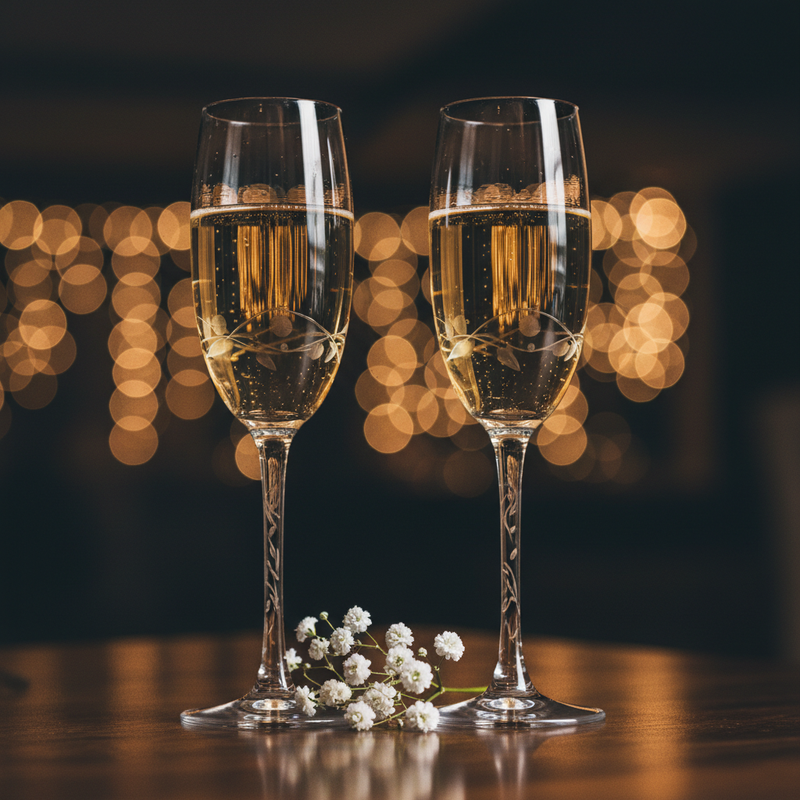 Two crystal champagne flutes with engraved stems filled with champagne, baby's breath at base, warm reception bokeh background