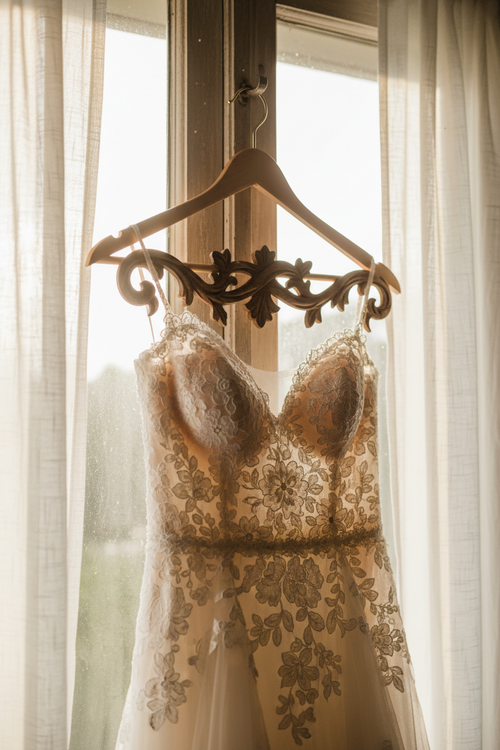 Hand-carved oak bridal hanger on tall window frame with ivory lace wedding dress softly out of focus and sheer linen curtains