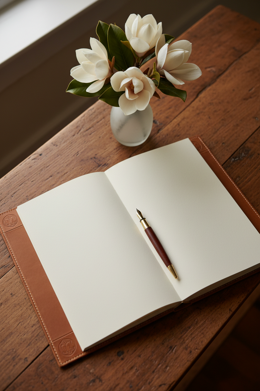 Saddle tan leather guest book open on vintage wood console with brass fountain pen and magnolia vase in warm amber light