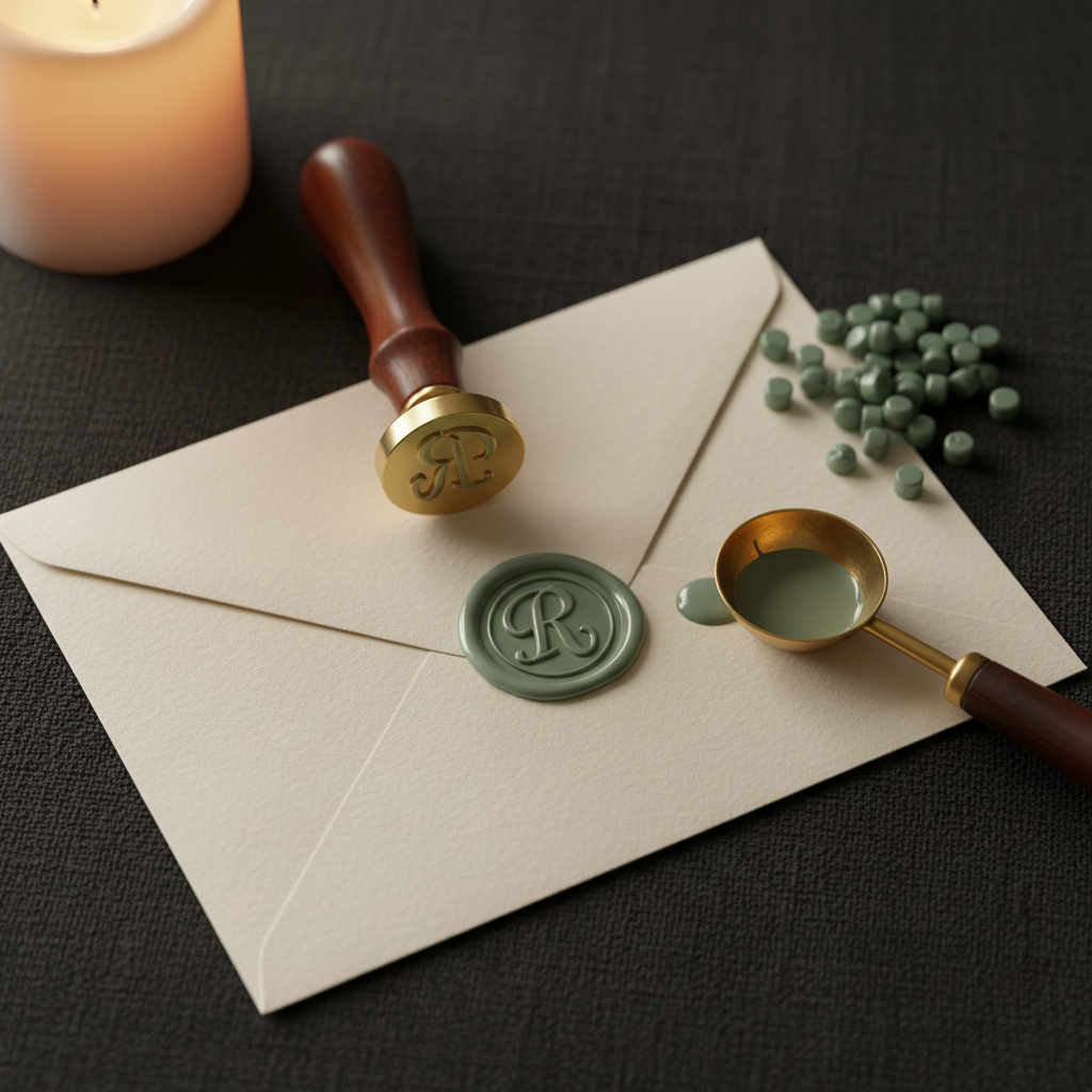Brass wax seal stamp on ivory envelope with sage wax seal, wax beads and melting spoon on dark linen background