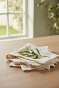 Four softly folded ivory linen napkins stacked on pale oak table with olive branch sprig