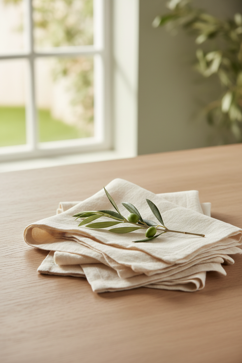 Four softly folded ivory linen napkins stacked on pale oak table with olive branch sprig