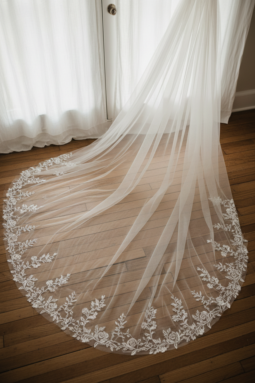 Cathedral-length ivory tulle veil draped across wooden floor with hand-embroidered floral border in soft natural light