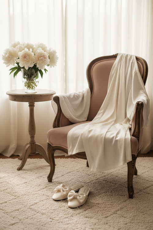 Ivory silk robe draped over vintage upholstered chair with matching satin-bow slippers on cream rug and white peonies