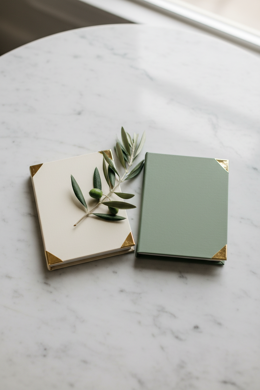 Ivory and sage hardcover vow books on marble table with olive branch sprig and gold foil corner detail